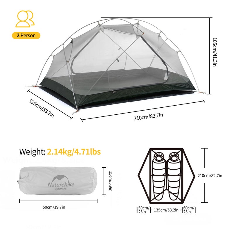 Naturehike Mongar 2 Person Backpacking Tent 3 Season Camping Tent Ultralight Double Layer Free Standing Tent for Camping Hiking Cycling (Gray-20D Nylon) - Image 2